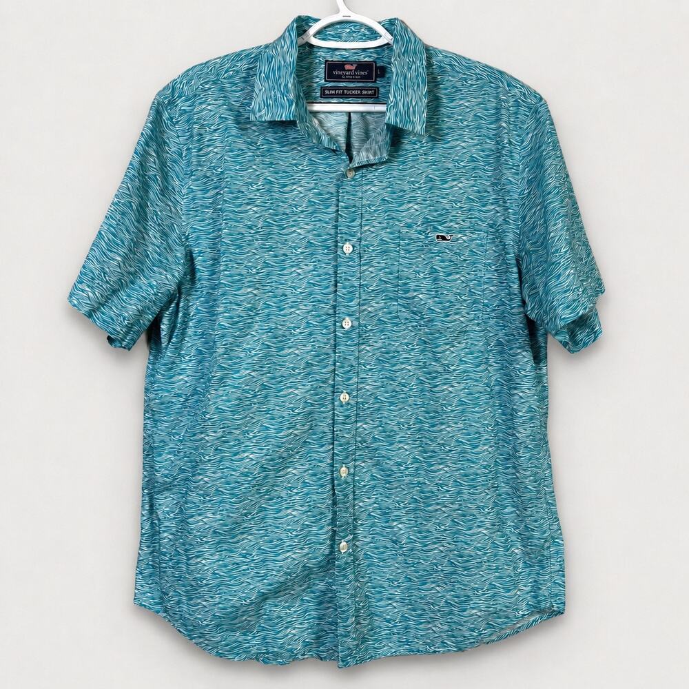 Teal Wave Shirt Mens Large Vineyard Vines Slim Fit Tucker Short Sleeve Cotton